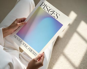 May include: A white card with a gradient of blue, purple, and pink. The text "Pisces" is at the top of the card, and the text "Gentle Wise Friendly" is at the bottom.