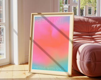 Pode incluir: Uma impressão artística emoldurada com um gradiente vibrante de rosa, laranja e verde-azulado. A palavra "GEMINI" é exibida em branco no topo, com "EXPRESSIVE WITTY SOCIAL" na parte inferior. A obra de arte está em uma moldura de madeira clara.