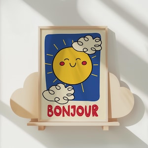 Póster de Bonjour para pared infantil, póster colorido para habitación infantil, arte divertido y lúdico para habitación infantil, regalo personalizable para niños.