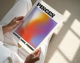 May include: A white card with the word "Pisces" in black bold letters. The background is a gradient of orange, yellow, purple, and blue. The text "Gentle, Wise, Friendly" is printed in black at the bottom of the card.