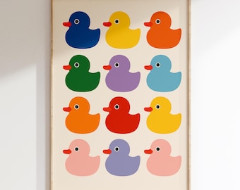 Colorful Rubber Ducky Print, Kids Bath Wall Art, Nursery Animal Poster, Playful Minimal Illustration, Toddler Room Decor