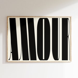 Decoración de pared con texto "Amour Love", impresión de amor, póster de moda, póster del día de San Valentín, arte de pared femenino, arte de moda, impresión de pared romántica con corazón, tipografía roja