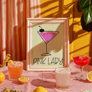 Impresión de cóctel Pink Lady, arte mural de cócteles, impresiones retro coloridas, póster de bebidas alcohólicas, fiesta, bar, regalo, impresión gastronómica, decoración de cocina
