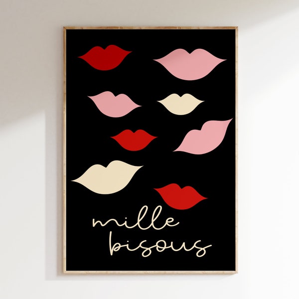 Mille Bisous Wall Decor, Love Print, Trendy Poster, Valentines Day Poster, Girly Wall Art, Trendy Art, Heart  Romantic Wall Print, Kiss Art