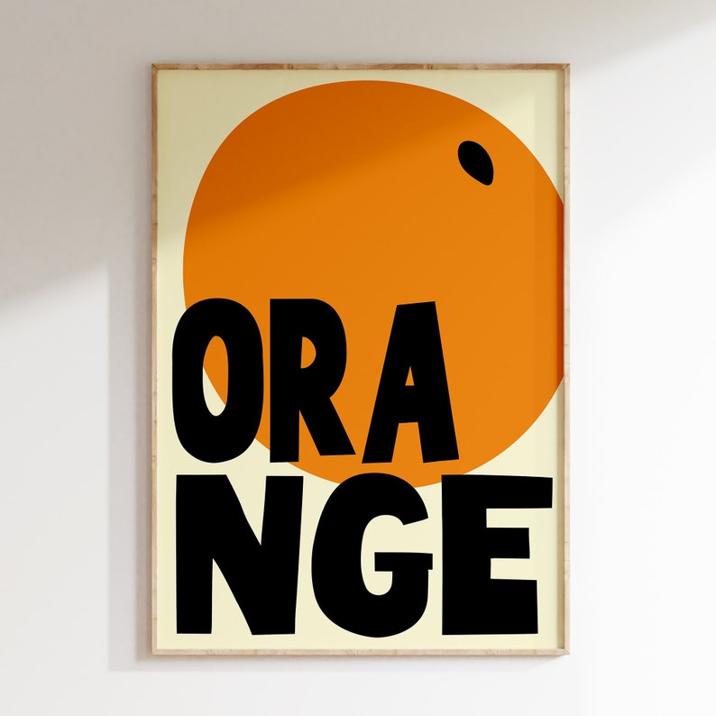 May include: A minimalist poster with a large orange circle and the word "ORANGE" in black bold letters.