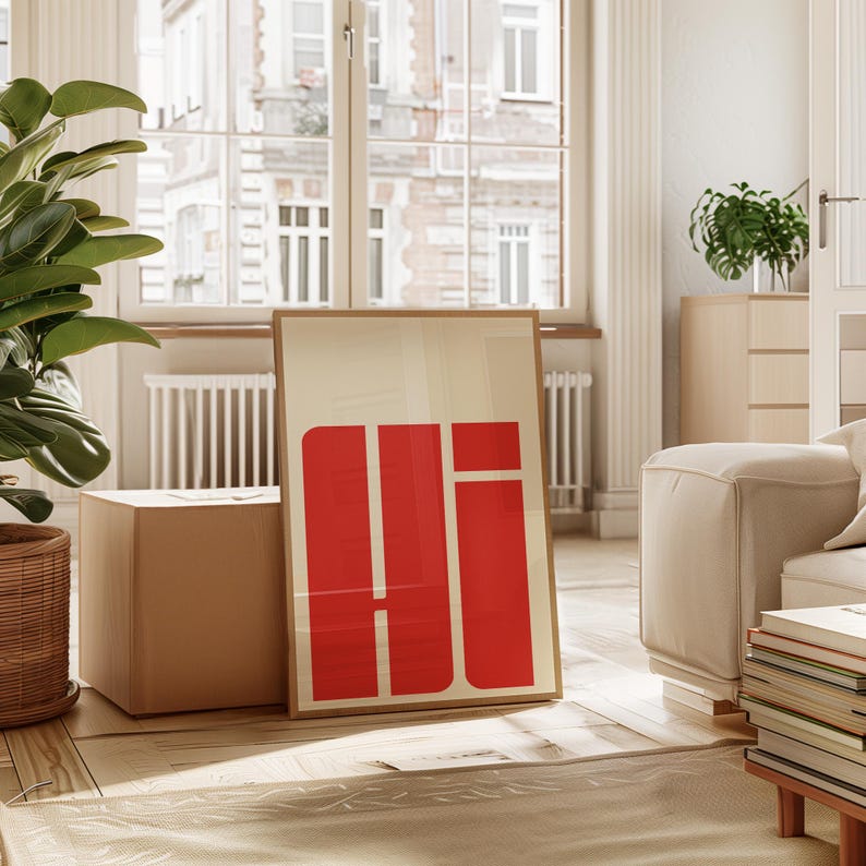a modern living room with a large window, a white sofa, a potted plant, and a large red and white abstract artwork on the floor.