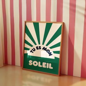 Póster "Tu es mon soleil" para pared infantil, póster colorido para habitación infantil, arte divertido y lúdico para habitación infantil, regalo personalizable para niños.