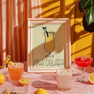 Impresión de cóctel de piña colada, arte mural de cóctel de ron, impresiones retro coloridas, póster de bebidas alcohólicas, fiesta, bar, impresión de comida, decoración de cocina
