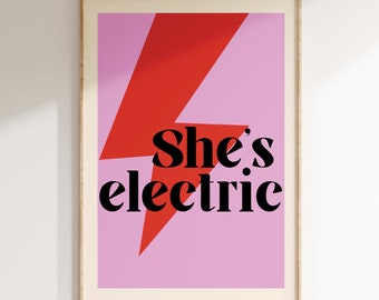 She's electric, Music Print, Unframed Indie Rock Poster, Gig Poster, Concert Poster, Lightning Bolt, Oasis,  Gift for her, 90s music print