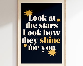 Yellow Inspired, Look at the stars, Song Lyrics Print, Music Gift, Unframed Art, Gig  Poster, Retro Print, Old school classic print, Rock