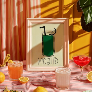 Impresión de cóctel mojito, arte mural de cócteles, impresiones retro coloridas, póster de bebidas alcohólicas, fiesta, bar, regalo, impresión gastronómica, decoración de cocina