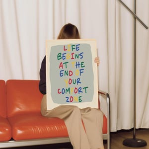 Comfort Zone Inspirujące wydruki, Pozytywne wibracje, Nowoczesny wydruk typograficzny, Dekoracja pokoju, Wydruk artystyczny z cytatem