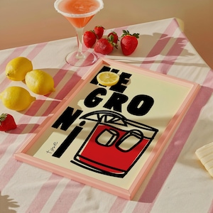 Impresión de cóctel Negroni, ilustración colorida de cóctel, arte mural de barman, decoración de cócteles, decoración de pared para fiestas
