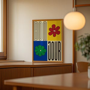 Bonjour Colorful Kitchen and Dining Room Wall Art Prints Vibrant Home Decor Funny Food Quote Posters Bright Artwork for Kitchen Gallery Wall