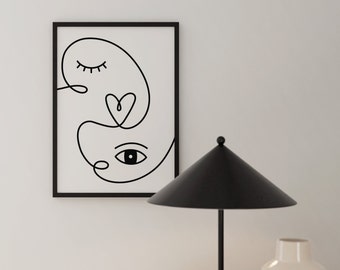 Impresión artística de líneas de rostro minimalista: papel satinado blanco y negro