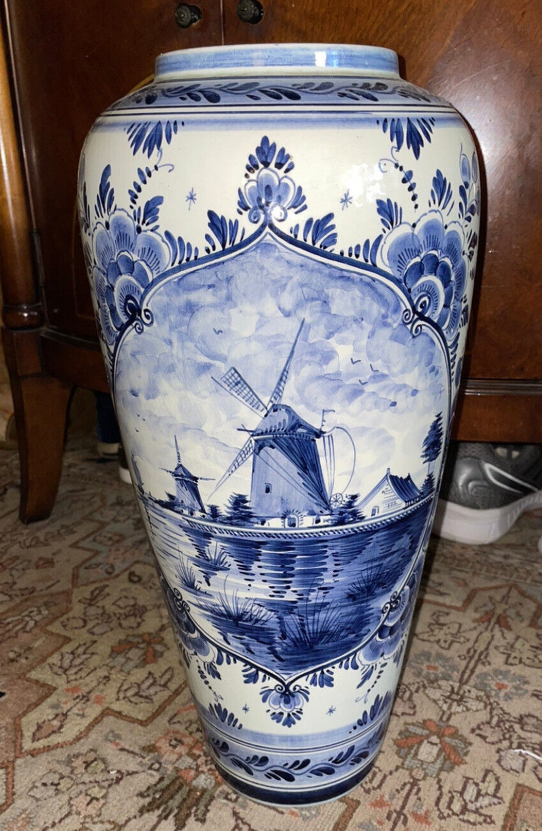 Vintage DP Delft Pottery Large Vase Mill Landscape 16 3/4 High Made in
