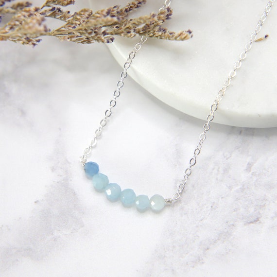 Sterling Silver with Blue Topaz Bead Bar Necklace - Adjustable Length Sterling Silver with Blue Topaz Bead Bar Necklace - Adjustable Length