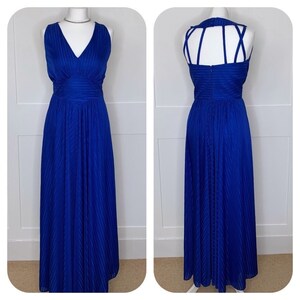 Vintage 1970s sapphire blue halterneck evening, prom, party dress.