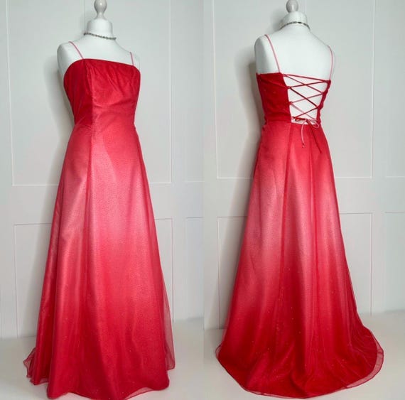 1990 formal dresses Vintage prom dress, retro graduation, coral ombre glitter, evening, formal, party, ball, cruise, black tie special occasion dress UK 14 Christmas & Holiday Dresses