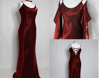 Vintage prom dress, retro 1990s burgundy, satin, slip, evening, formal, ball, cruise, black tie, special occasion dress, matching scarf.