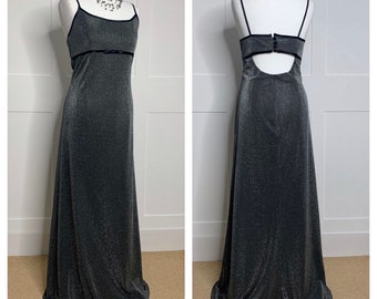 Vintage prom dress, retro graduation, 1990s metallic silver full length prom, party, evening, cruise, formal, ball special occasion dress.