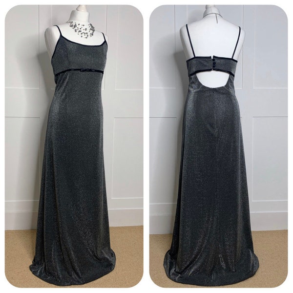 Vintage Abendkleid, Retro-Abschlussballkleid, 1990er Jahre metallic silber in voller Länge Abschlussballkleid, Party, Abend, Kreuzfahrt, formell, Ball besonderer Anlass UK 12