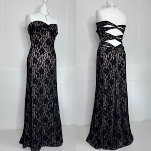 Vintage prom dress, retro graduation, 1990s strapless lace, evening, formal, party, ball, cruise, black tie, special occasion dress.