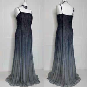 Suknia balowa w stylu vintage, retro ukończenie szkoły, ombre w kolorze szarym z lat 90., halka z koralikami, wieczorowa, formalna, impreza, bal, rejs, czarny krawat, sukienka na specjalne okazje
