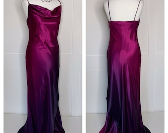 Vintage prom dress, retro graduation, 1990s ombre pink/purple cowl neck slip evening, formal, party, ball, black tie, special occasion dress