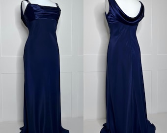 Vintage prom dress, retro graduation, 1990s cowl neck blue, evening, formal, party, ball, black tie, special occasion dress.
