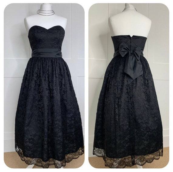 Vintage, retro 1980's, strapless, black lace prom… - image 1