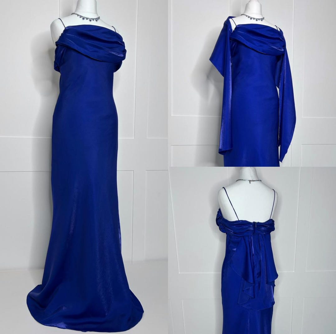 Vintage Prom Dress, Retro Graduation, 1990s Blue Cowl Neck, Evening — free download