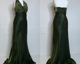 Vintage prom dress, retro Y2K, size 8/10 green satin halter neck evening, formal, party, ball, cruise, black tie, special occasion dress.