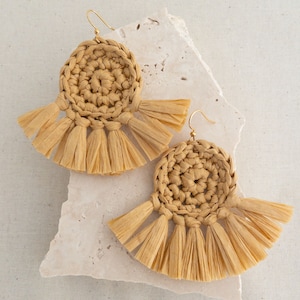 Circle Fringe Earrings, Crochet Earrings, Raffia Tassel Earrings, Statement Bohemian Earrings, Raffia Fringe Earrings, Boho Jewellery