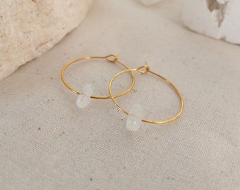 Gold Moonstone Earrings, Small Gold Hoop Earrings With Gemstone, Minimalist Boho Jewellery, Bohemian Earrings, Gemstone Hoop Earrings