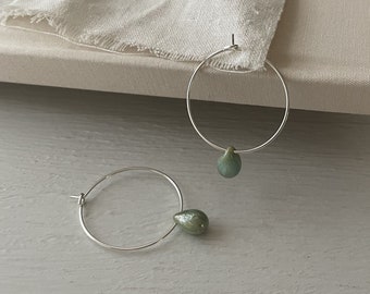 Small Silver Hoop Earrings, Hoops With Bead, Teardrop Hoop Earrings, Minimalist Boho Jewellery, Green Earrings, Bohemian Earrings