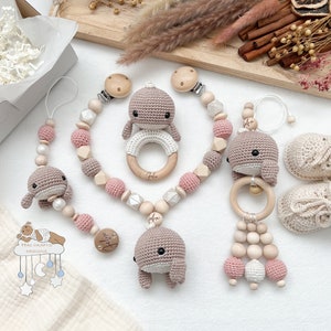 Customizable Whale Brown Pink Sparset Stroller Chain Pendant Pacifier Chain Gripping Toy BabyShower Baptism Birth Gift