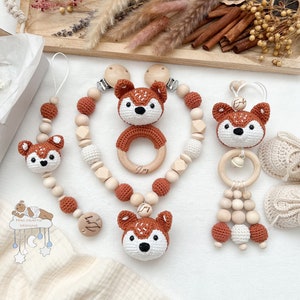 Personalized fox value set in red stroller chain pendant grasping ring pacifier chain baby shower baptism birth gift with engraving