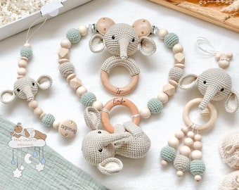 Personalized Elephant Value Set Stroller Chain Pendant Gripping Ring Pacifier Chain Baby Shower Baptism Birth Gift with Engraving Natural Tones