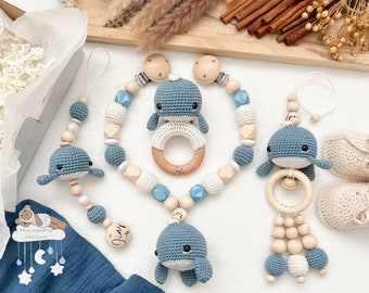 Personalizable Whale Blue Value Set Stroller Chain Pendant Pacifier Chain Grasping Toy Baby Shower Baptism Birth Gift