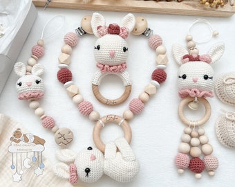Personalized Bunny Cream and Pink Value Set Stroller Chain Pendant Gripping Ring Pacifier Chain Baby Shower Baptism Birth Gift with engraving