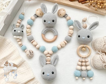 Personalized value set stroller chain pendant grasping ring pacifier chain birth gift baby shower baptism with engraving rabbit gray and blue