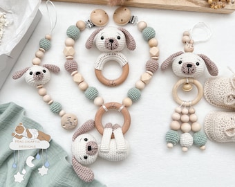 Personalized Dog Cream and Mint Value Set Stroller Chain Pendant Gripping Ring Pacifier Chain Baby Shower Baptism Birth Gift with Engraving