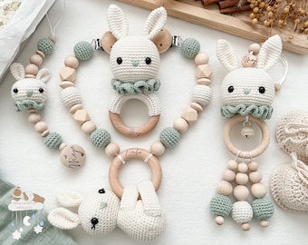 Personalisiert Sparset Kinderwagenkette Anhänger Greifring Schnullerkette Geburtsgeschenk Babyshower Taufe mit gravur Hase Creme und Mint