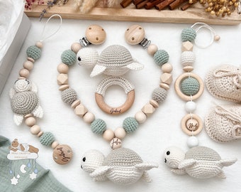 Turtle natural tones and mint value set stroller chain pendant pacifier chain rattle play arch boho baptism birth gift baby shower