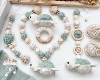 Kinderwagenkette Schnullerkette Anhänger Rassel Schildkröte Set in verschiedenen Farben Geburtsgeschenk Babyshower handmade