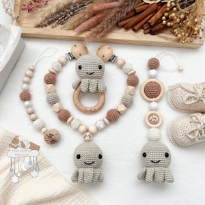 Octopus in natural tones and taupe crochet set stroller chain pendant pacifier chain boy girl