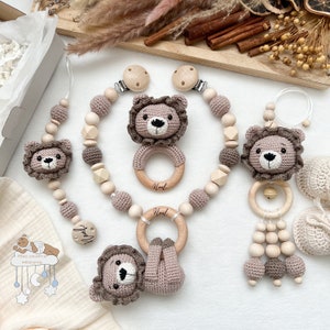 Conjunto de ahorro de león personalizado cadena de cochecito colgante anillo de agarre cadena de chupete baby shower bautismo regalo de nacimiento con grabado taupe