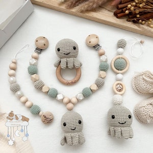 Octopus in natural tones and mint crochet set stroller chain pendant pacifier chain boy girl