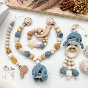 Evelyn | Mustard blue whale savings set personalized stroller chain pendant pacifier chain gripping toy baby shower baptism birth gift